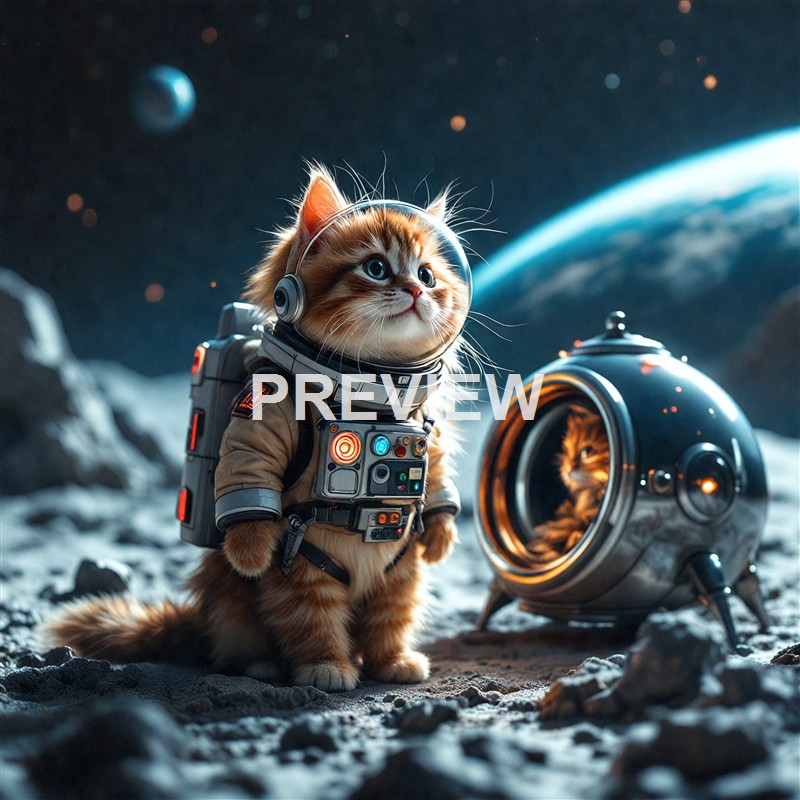 A cat dressed in an astronaut suit standing on the moon's surface with Earth and stars visible in the background, accompanied by a futuristic spacecraft.